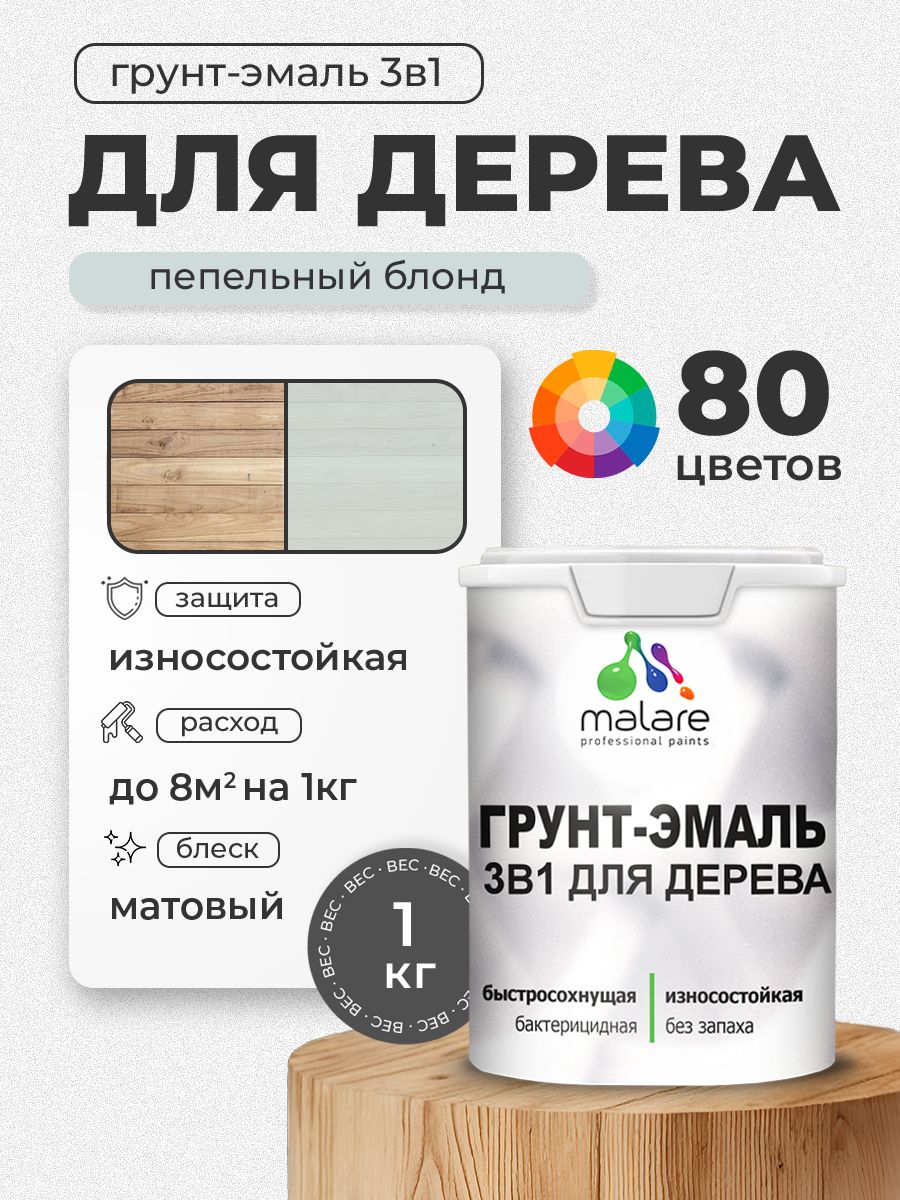 Акриловая Грунт-Эмаль 3 в 1 Malare для деревянных поверхностей с антисептическим эффектом, быстросохнущая, моющаяся без запаха матовая, пепельный блонд, 1 кг