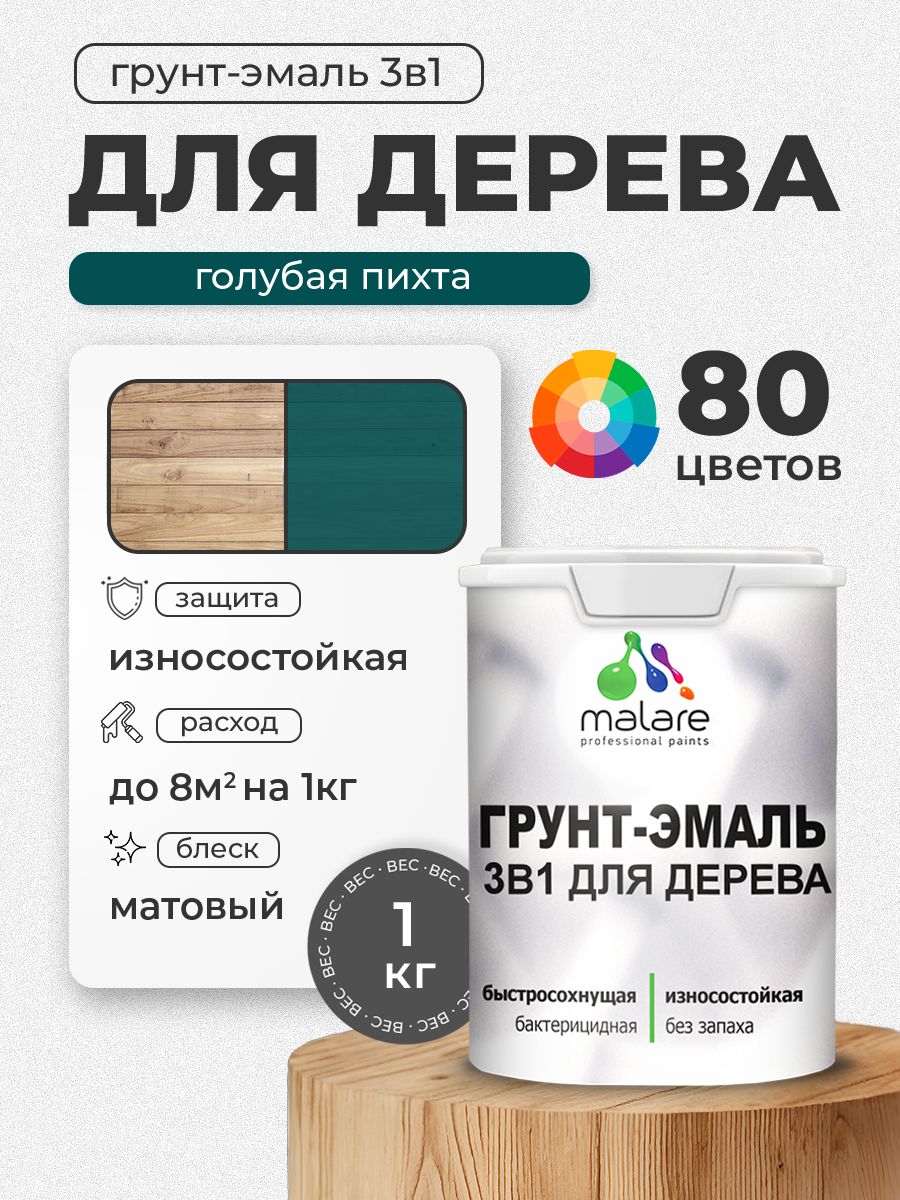 Акриловая Грунт-Эмаль 3 в 1 Malare для деревянных поверхностей с антисептическим эффектом, быстросохнущая, моющаяся без запаха матовая, голубая пихта, 1 кг