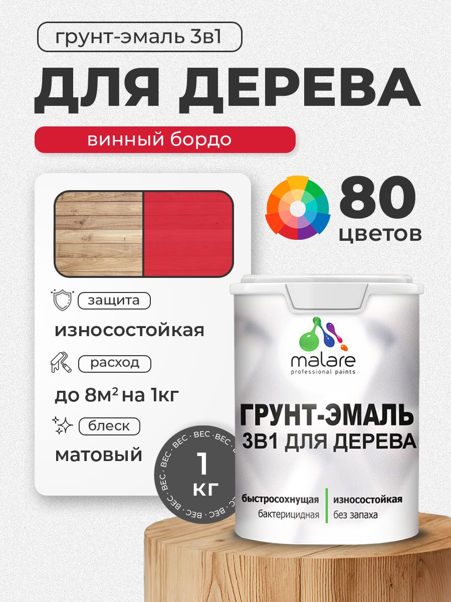 Акриловая Грунт-Эмаль 3 в 1 Malare для деревянных поверхностей с антисептическим эффектом, быстросохнущая, моющаяся без запаха матовая, винный бордо, 1 кг