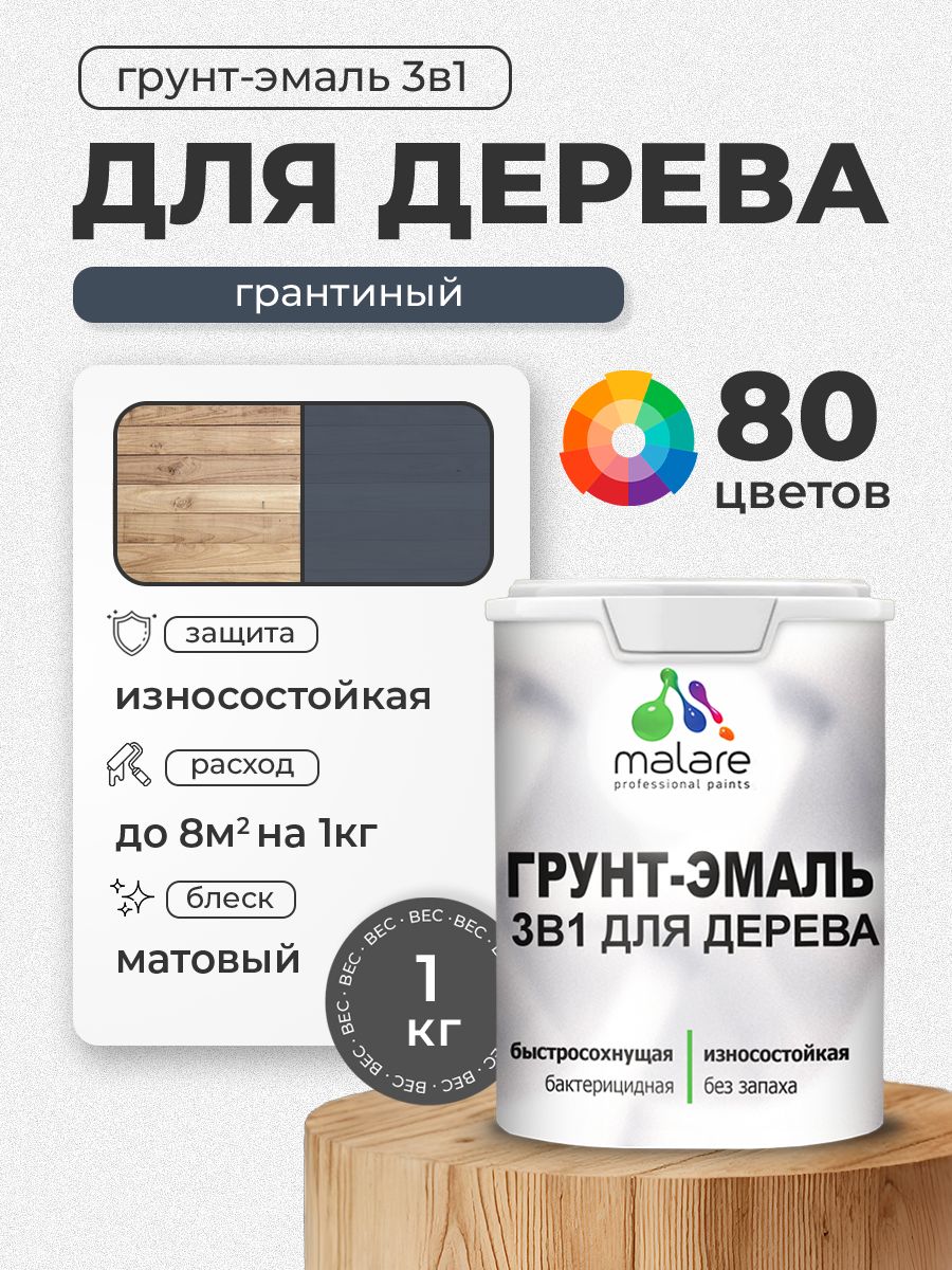Акриловая Грунт-Эмаль 3 в 1 Malare для деревянных поверхностей с антисептическим эффектом, быстросохнущая, моющаяся без запаха матовая, гранитный, 1 кг