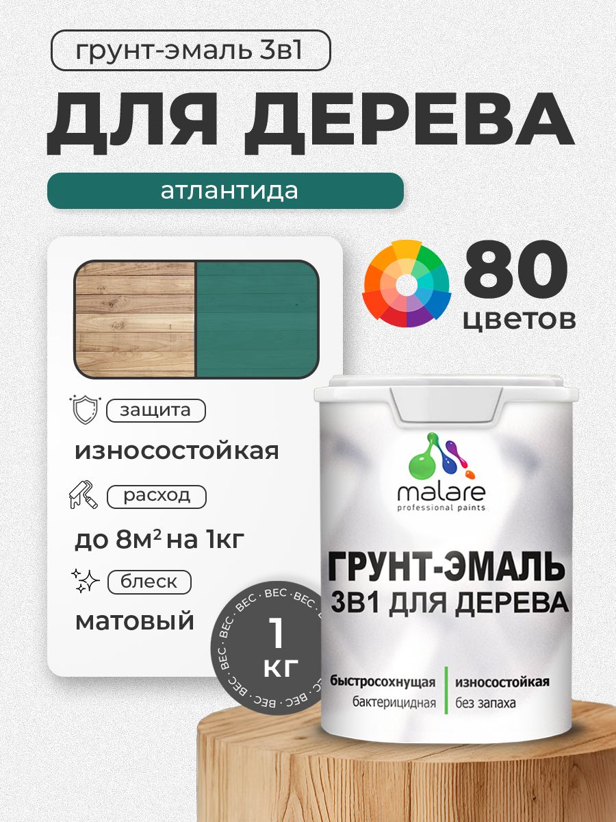 Акриловая Грунт-Эмаль 3 в 1 Malare для деревянных поверхностей с антисептическим эффектом, быстросохнущая, моющаяся без запаха матовая, атлантида, 1 кг