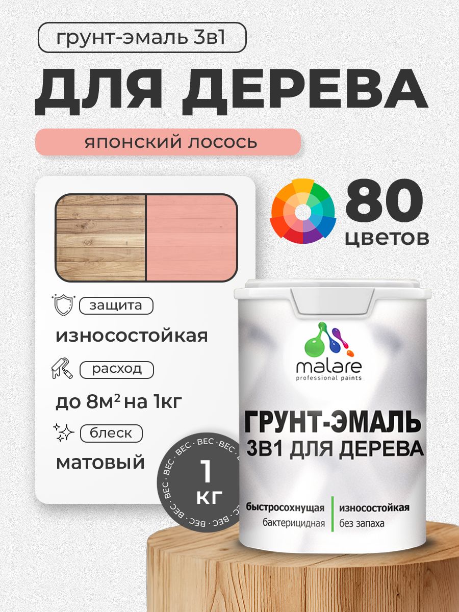 Акриловая Грунт-Эмаль 3 в 1 Malare для деревянных поверхностей с антисептическим эффектом, быстросохнущая, моющаяся без запаха матовая, японский лосось, 1 кг