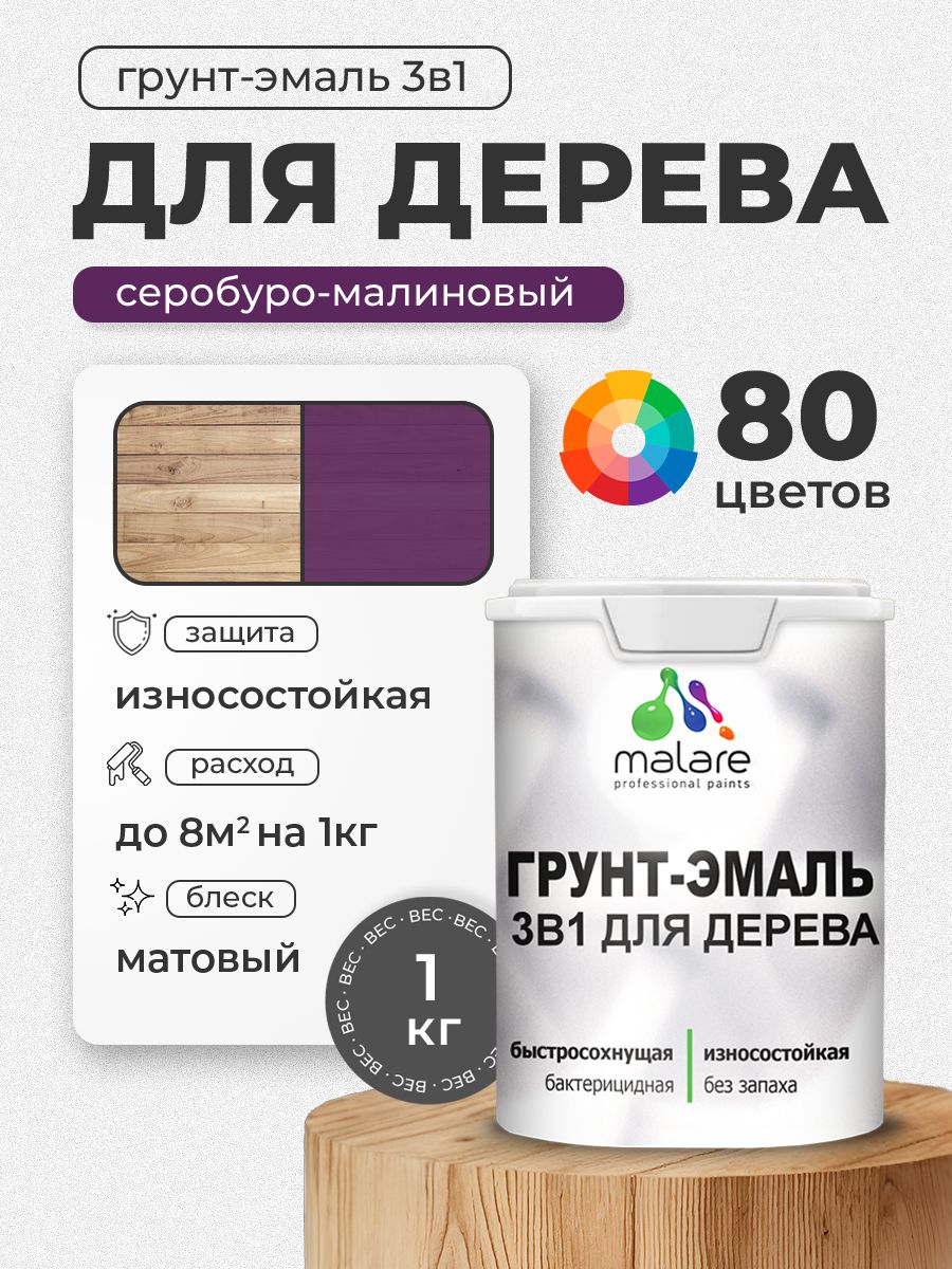 Акриловая Грунт-Эмаль 3 в 1 Malare для деревянных поверхностей с антисептическим эффектом, быстросохнущая, моющаяся без запаха матовая, серобуромалиновый, 1 кг