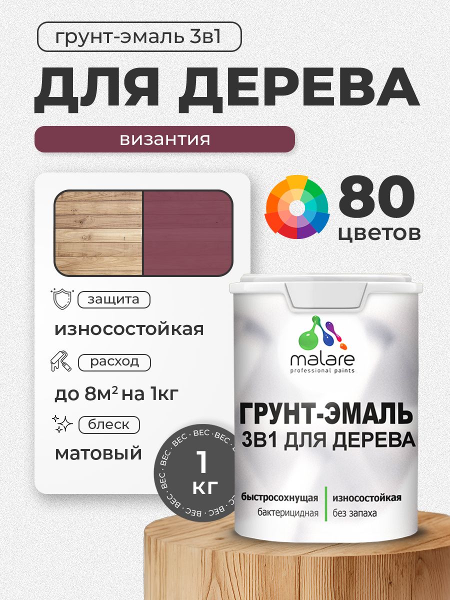 Акриловая Грунт-Эмаль 3 в 1 Malare для деревянных поверхностей с антисептическим эффектом, быстросохнущая, моющаяся без запаха матовая, византия, 1 кг