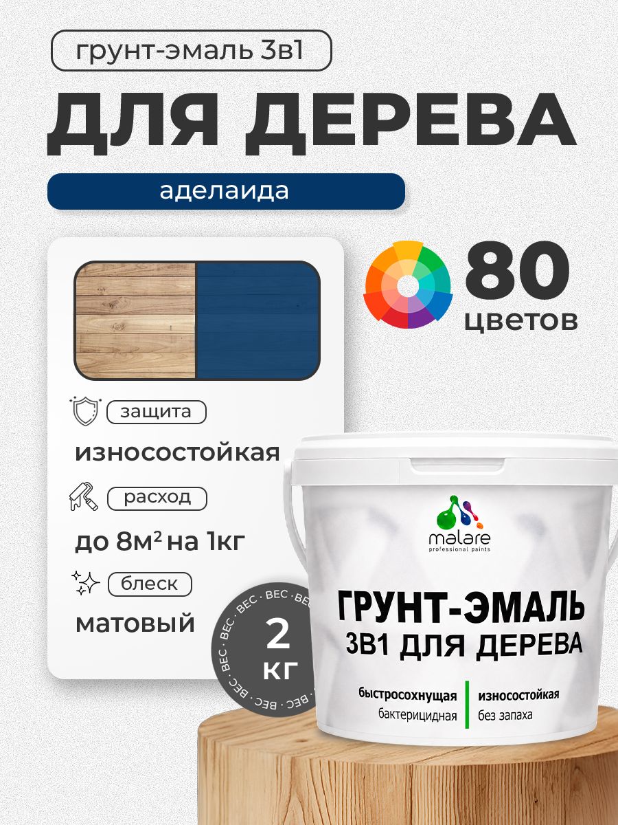 Акриловая Грунт-Эмаль 3 в 1 Malare для деревянных поверхностей с антисептическим эффектом, быстросохнущая, моющаяся без запаха матовая, аделаида, 2 кг