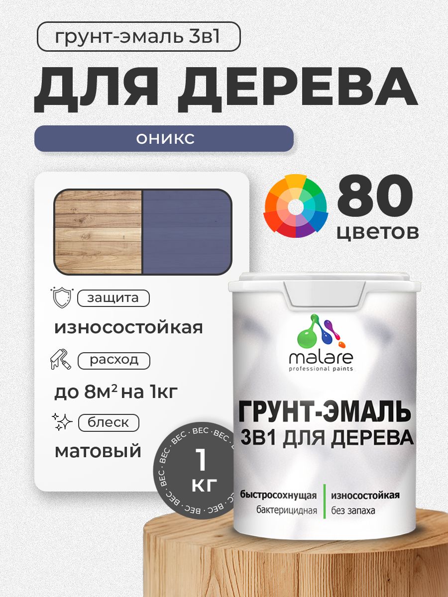 Акриловая Грунт-Эмаль 3 в 1 Malare для деревянных поверхностей с антисептическим эффектом, быстросохнущая, моющаяся без запаха матовая, оникс, 1 кг