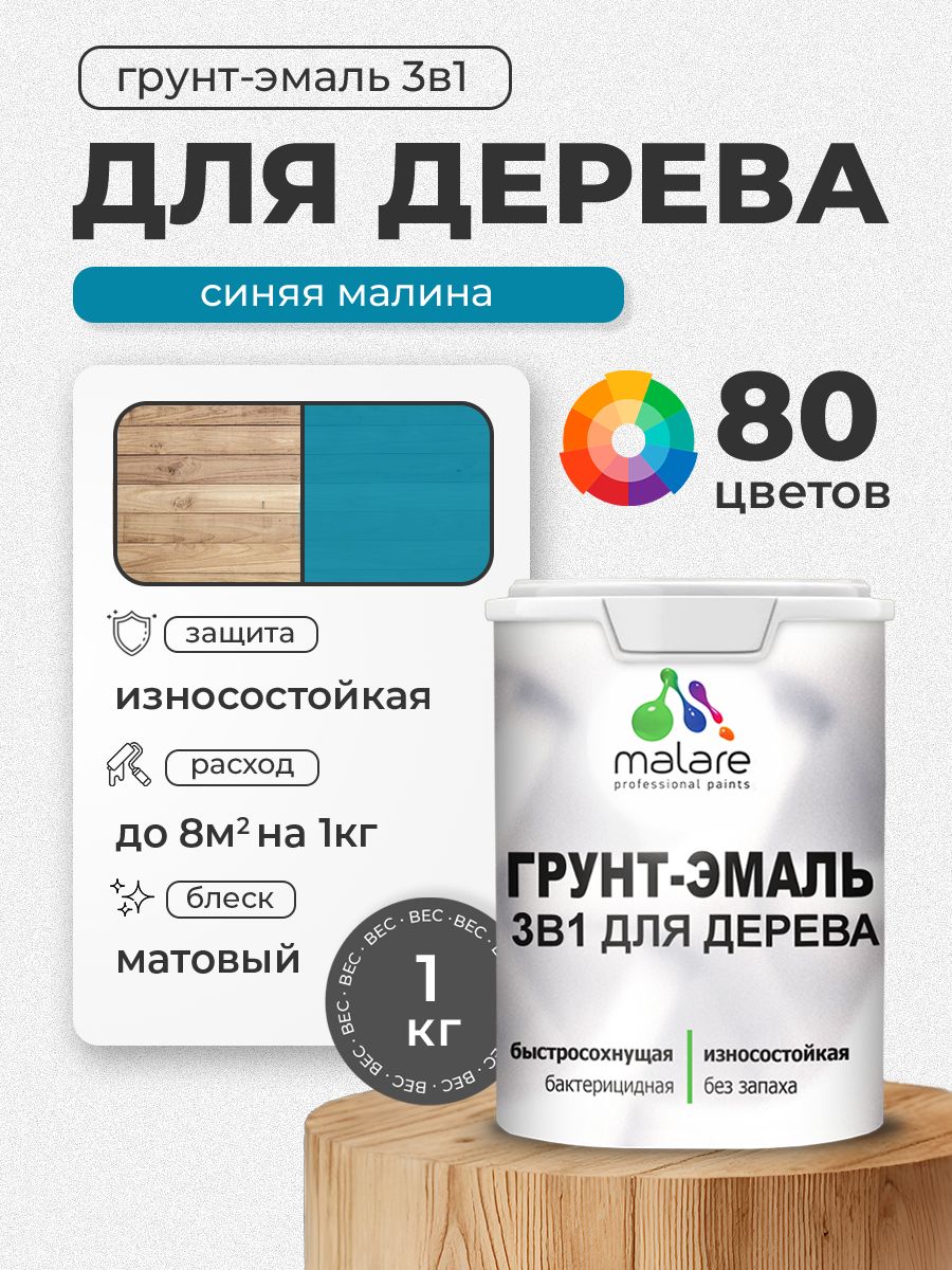 Акриловая Грунт-Эмаль 3 в 1 Malare для деревянных поверхностей с антисептическим эффектом, быстросохнущая, моющаяся без запаха матовая, синяя малина, 1 кг