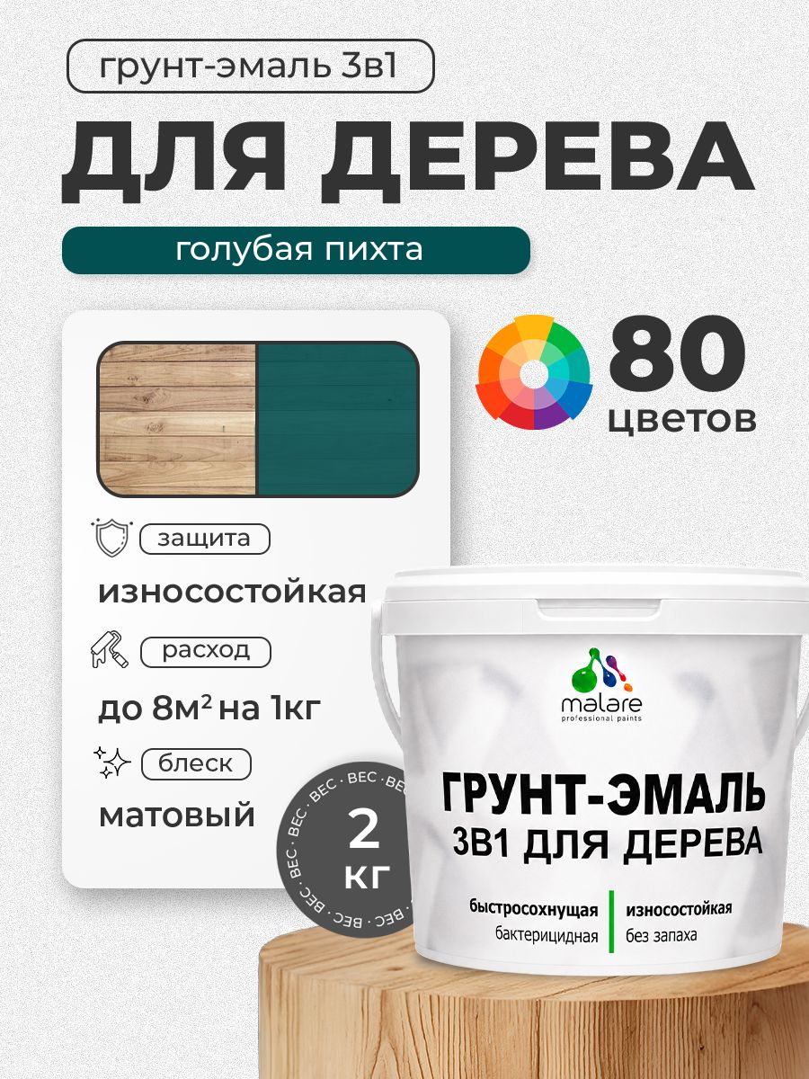 Акриловая Грунт-Эмаль 3 в 1 Malare для деревянных поверхностей с антисептическим эффектом, быстросохнущая, моющаяся без запаха матовая, голубая пихта, 2 кг
