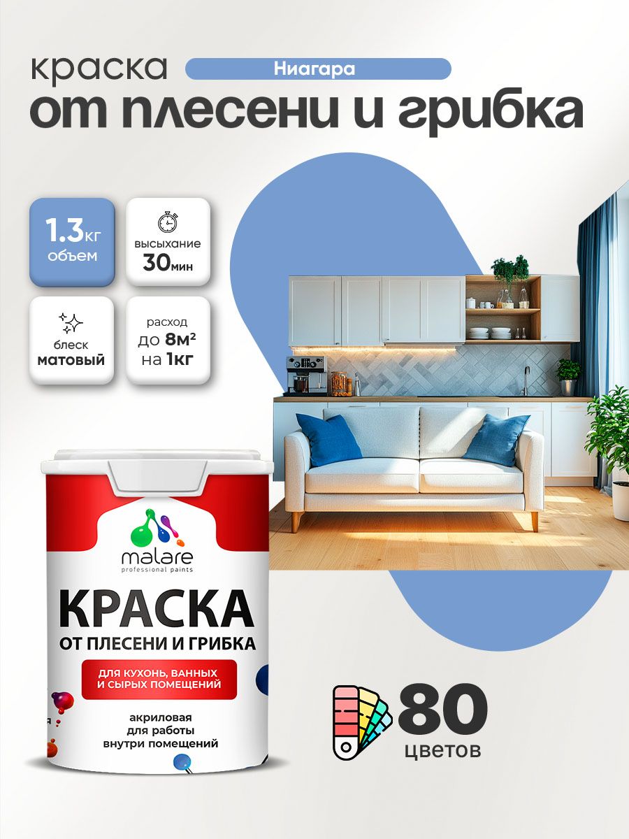 Влагостойкая краска от плесени и грибка Malare Professional акриловая для кухни, ванной комнаты, для сырых помещений, быстросохнущая без запаха, ниагара, (1л - 1.3кг)