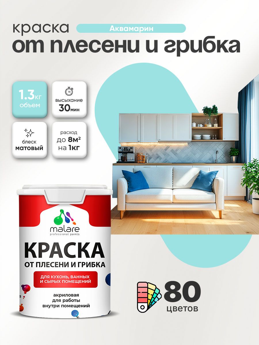 Влагостойкая краска от плесени и грибка Malare Professional акриловая для кухни, ванной комнаты, для сырых помещений, быстросохнущая без запаха, аквамарин, (1л - 1.3кг)