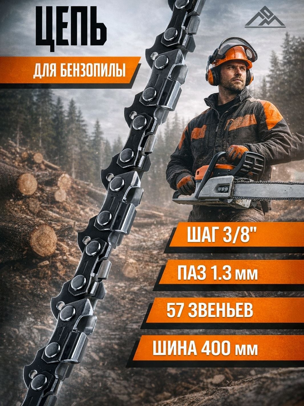 Цепь для бензопилы ЛОМ, 16", 400 мм, ширина паза 1.3 мм, шаг 3/8", 57 звеньев, На фото — предложение продавца