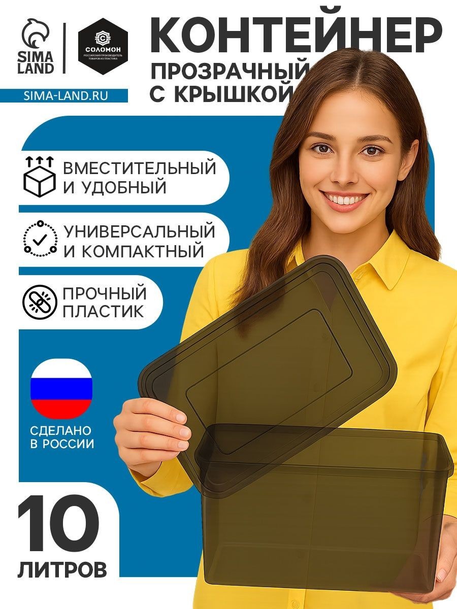 Ящик пластиковый для хранения с крышкой, объём 10 л. / Контейнер для хранения пластиковый прозрачно-чёрный, На фото — предложение продавца
