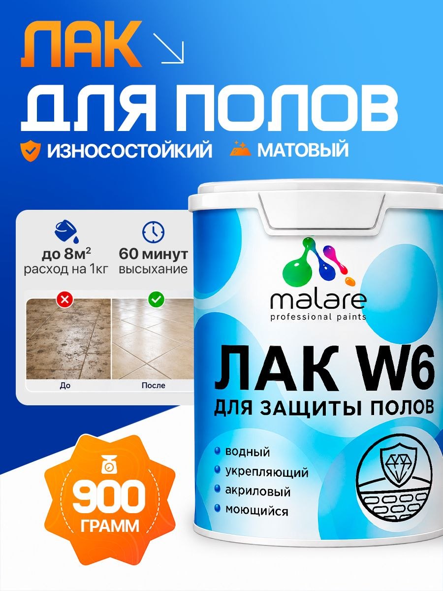 Лак для защиты пола Malare W6 для паркета и ламината, для мебели, для дерева и минеральных поверхностей, водный без запаха быстросохнущий, прозрачный матовый, 0.9 кг.