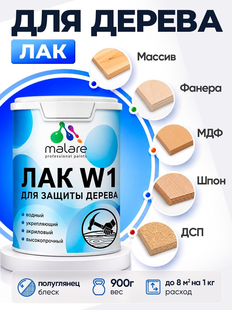 Лак водный для дерева Malare W1 для деревянных и минеральных поверхностей, моющийся без запаха быстросохнущий, бесцветный полуглянцевый, 0.9 кг., На фото — предложение продавца