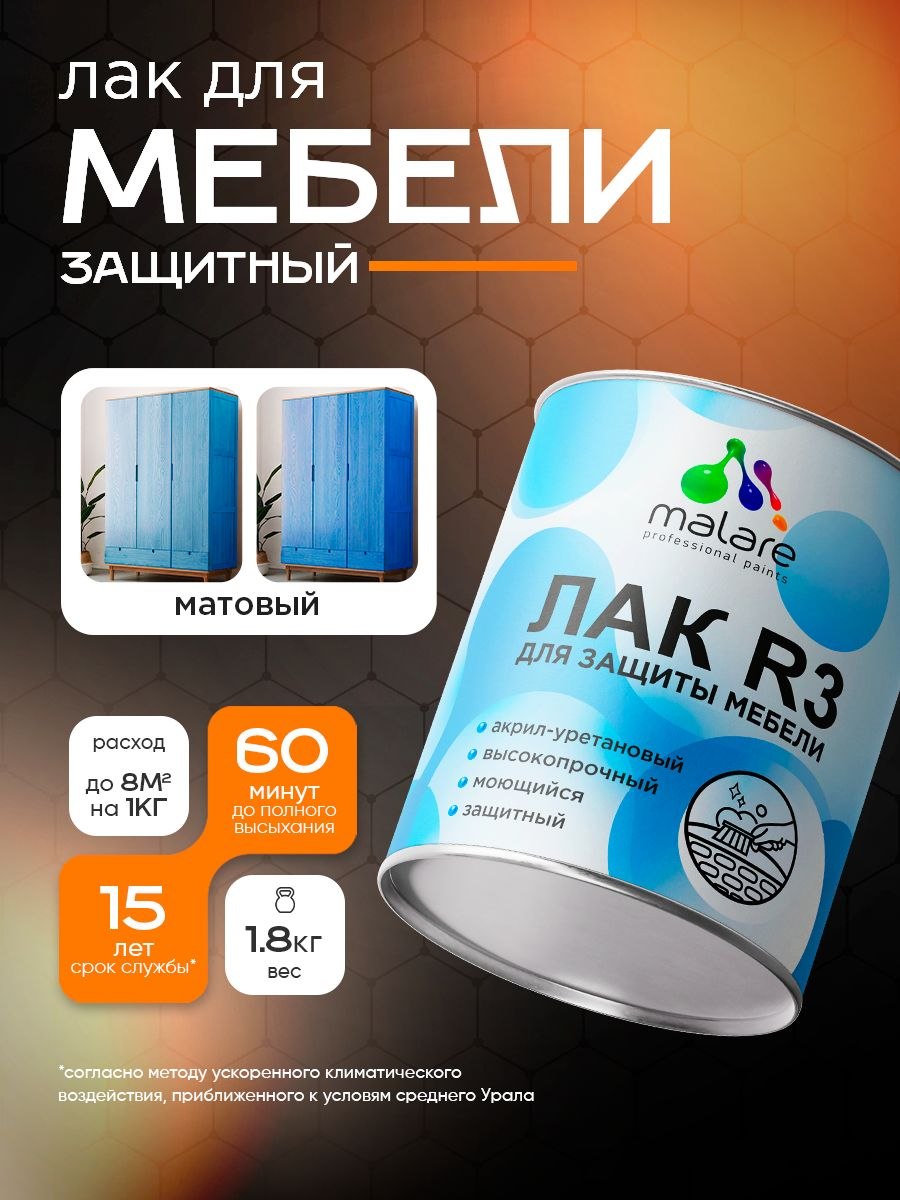 Лак для мебели Malare акрил-уретановый высокопрочный моющийся, универсальный для любых поверхностей, прозрачный матовый, 1.8 кг, На фото — предложение продавца