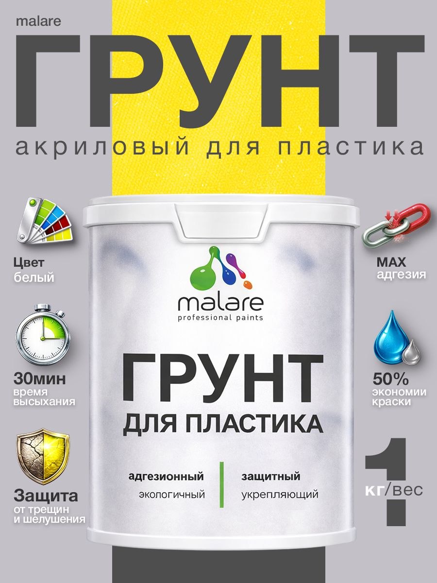 Грунт для пластика Malare акриловый адгезионный, без запаха быстросохнущий, белый, 1 кг.