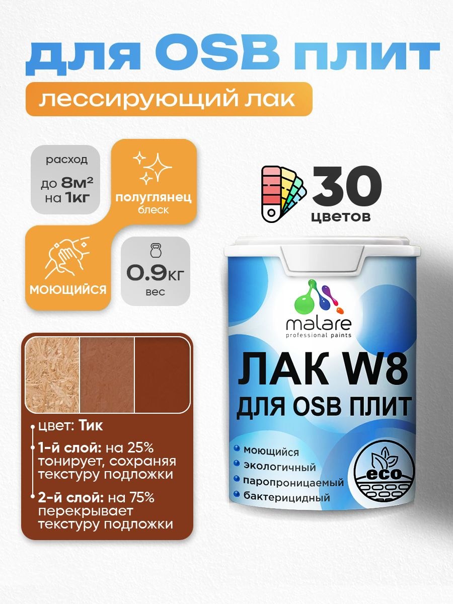 Лак колерованный тонирующий для защиты ОСБ плит Malare W8 для дерева и минеральных поверхностей, паропроницаемый водный без запаха, полуглянцевый, тик, 0.9 кг.