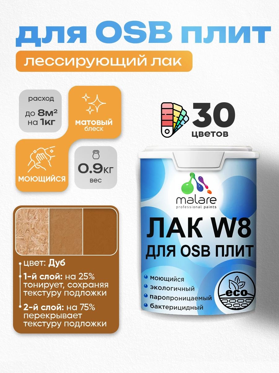 Лак колерованный тонирующий для защиты ОСБ плит Malare W8 для дерева и минеральных поверхностей, паропроницаемый водный без запаха, матовый, дуб, 0.9 кг., На фото — предложение продавца
