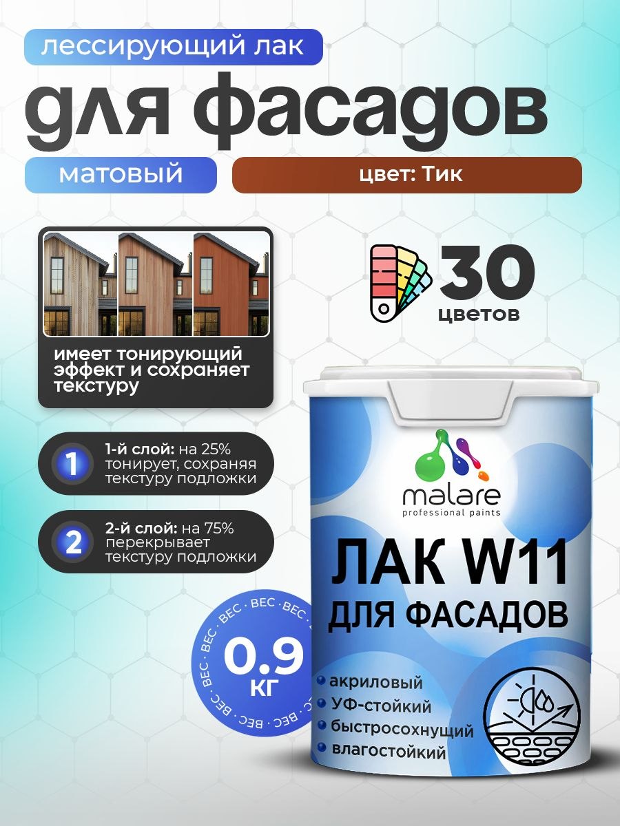 Лак колерованный тонирующий фасадный Malare W11 для защиты фасадов зданий, для дерева, камня и кирпича, быстросохнущий влагостойкий экологичный, матовый, тик, 0.9 кг., На фото — предложение продавца