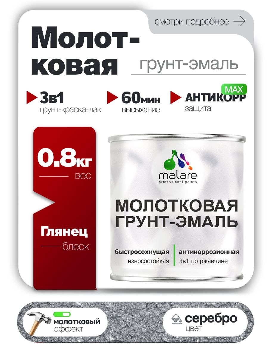 Грунт-эмаль 3 в 1 Malare краска молотковая по металлу, быстросохнущая по ржавчине, глянцевое покрытие, серебристый, 0,8 кг, На фото — предложение продавца