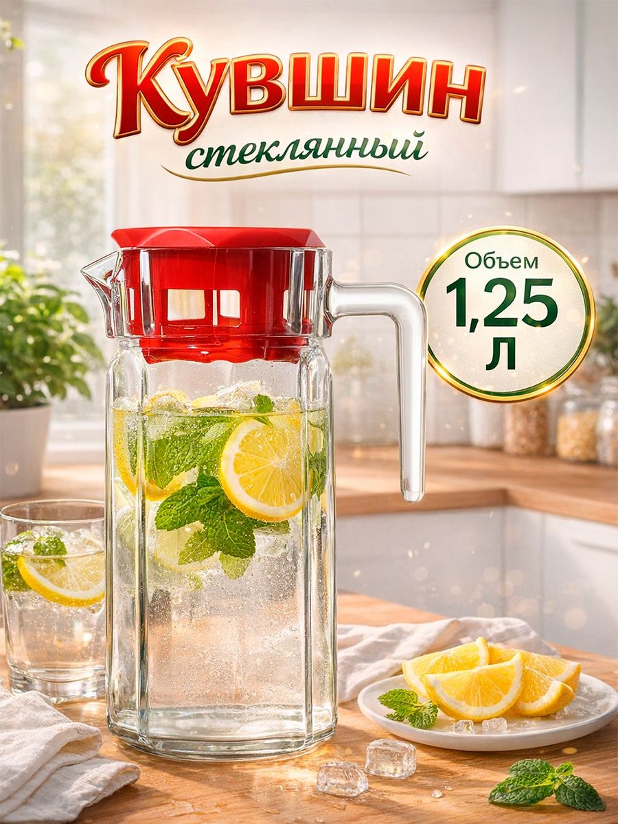 Кувшин Kosem, объем 1,25 л, с крышкой, стеклянный, На фото — предложение продавца