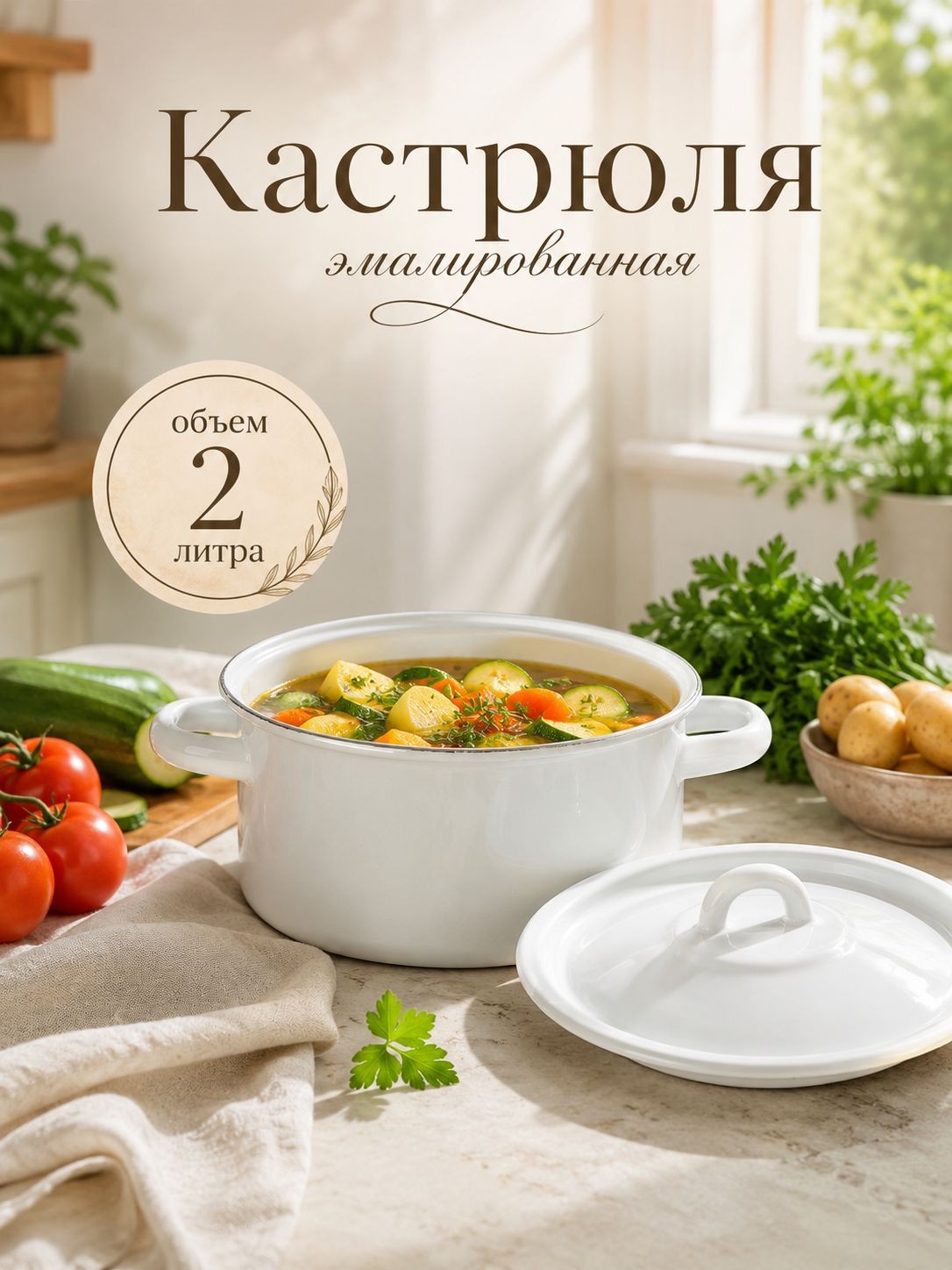 Кастрюля эмалированная, объем 2 л, с крышкой, белая, подходит для консервации, На фото — предложение продавца