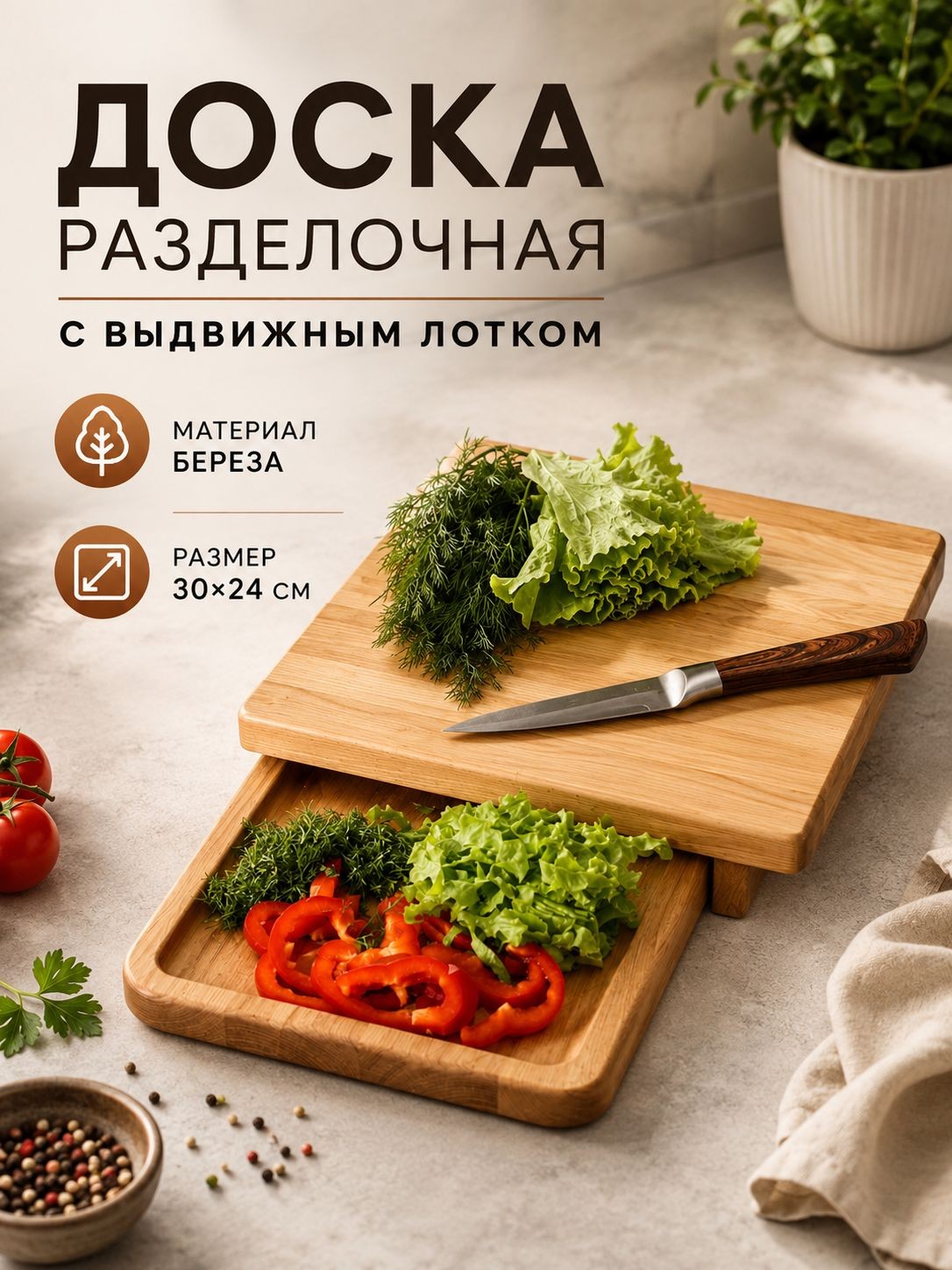 Доска разделочная деревянная, 30х24 см, с выдвижным лотком, Adelica, На фото — предложение продавца
