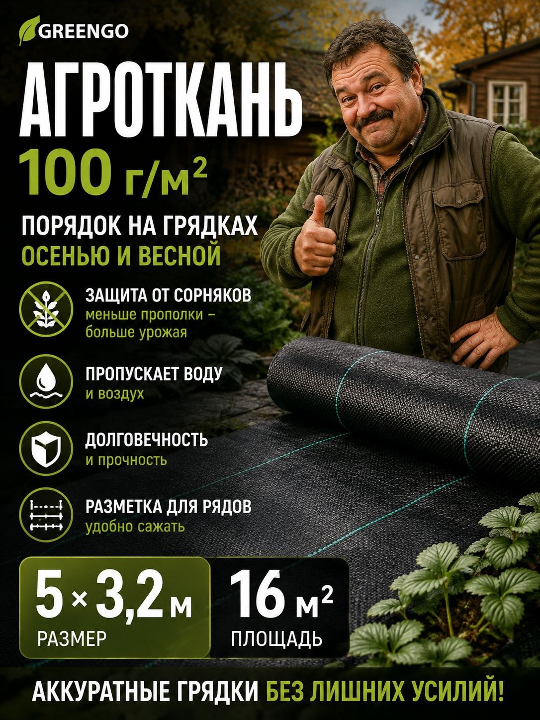 Агроткань для грядок 5х3,2 м, 100 г/м, черная с разметкой, мульчирующее покрытие от сорняков Greengo, На фото — предложение продавца