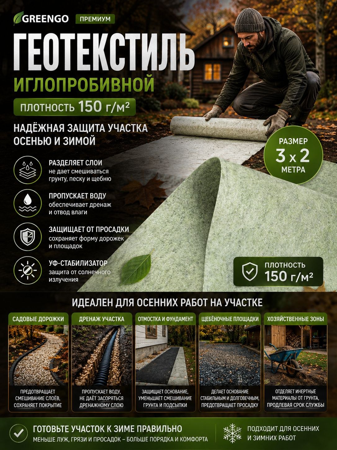 Геотекстиль иглопробивной 3х2 м, 150 г/м, с УФ-стабилизатором, для дренажа, дорожек, отмостки и благоустройства участка, На фото — предложение продавца