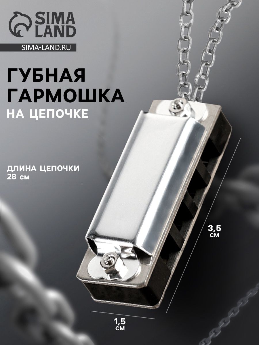 Губная гармошка Music Life4 отверстия, 8 тонов, 3,5х1,5х1см, цепь 28см, серебристая, На фото — предложение продавца