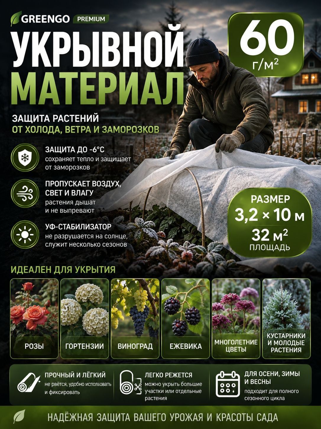 Укрывной материал для растений Greengo 10х3,2 м, спанбонд 60 г/м, белый, с УФ-стабилизатором, для укрытия на зиму, На фото — предложение продавца
