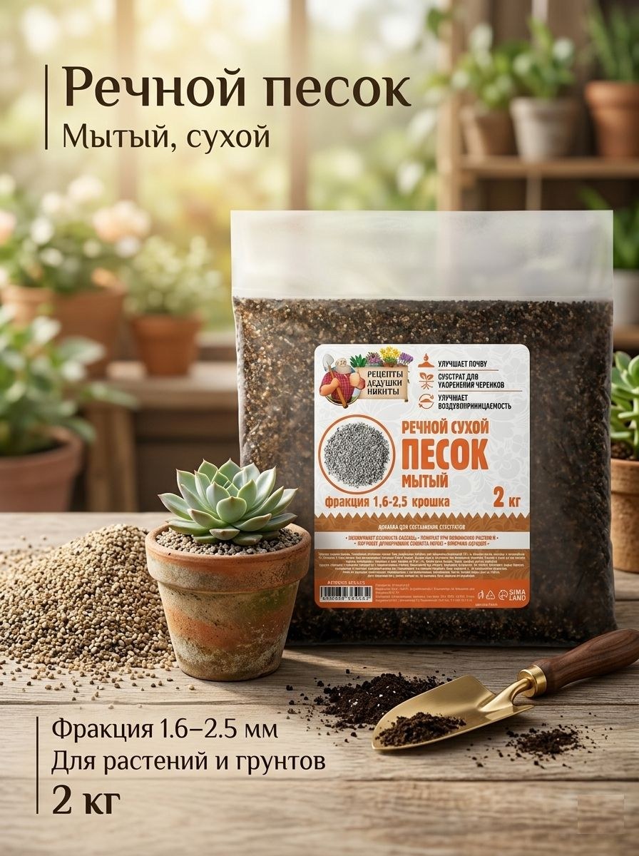 Песок речной сухой для растений, рассады "Рецепты дедушки Никиты", 1,6-2,5 мм, крошка, 2 кг, На фото — предложение продавца