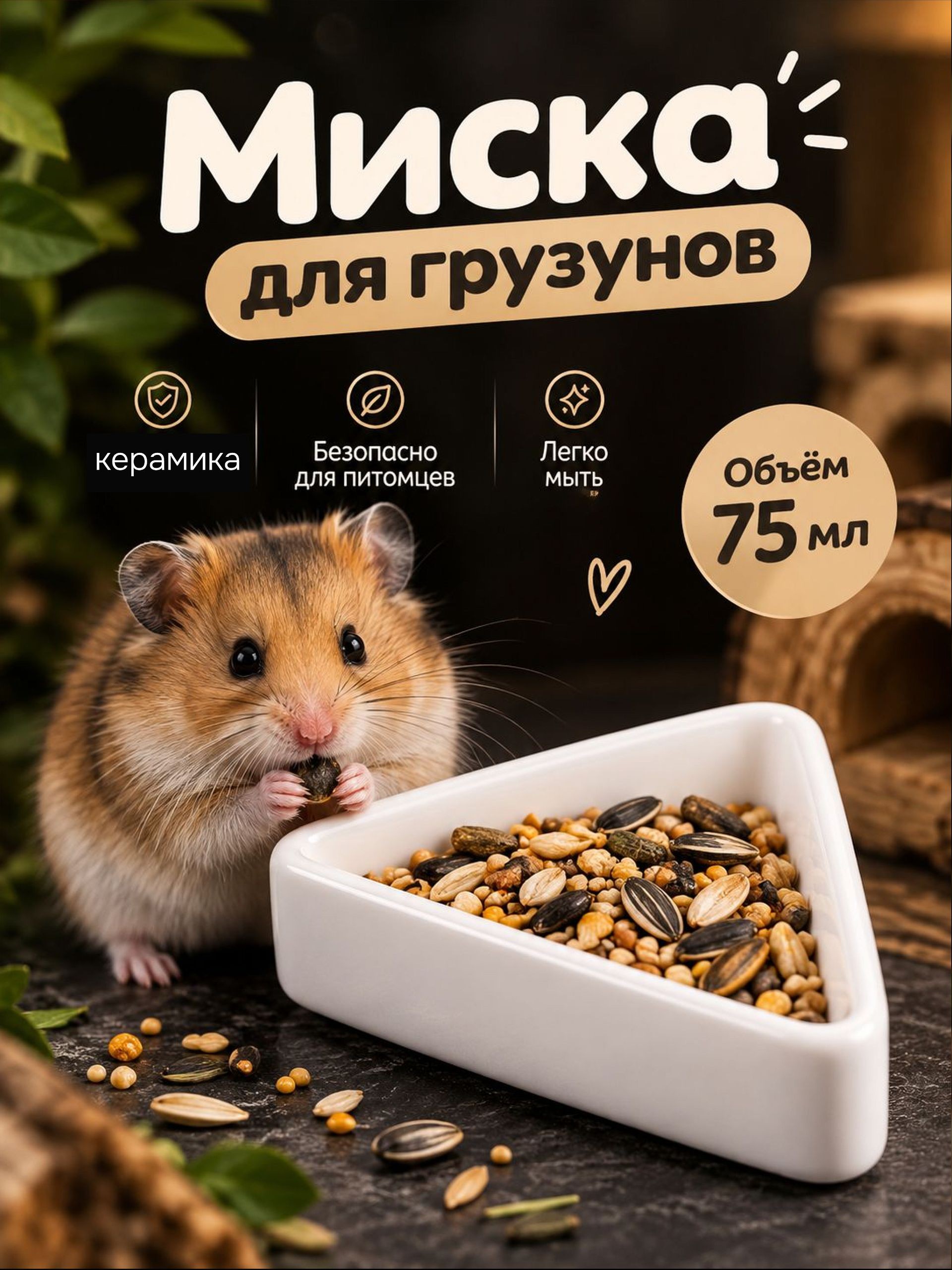Миска для грызунов керамическая, 75 мл, 9.5x6x2 см, угловая, белая