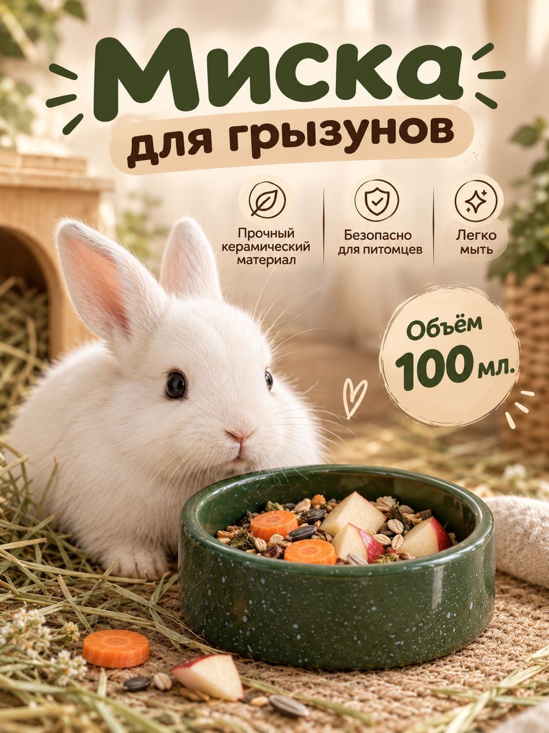 Миска для грызунов керамическая, 100 мл, 8.5x3 см, зелёная
