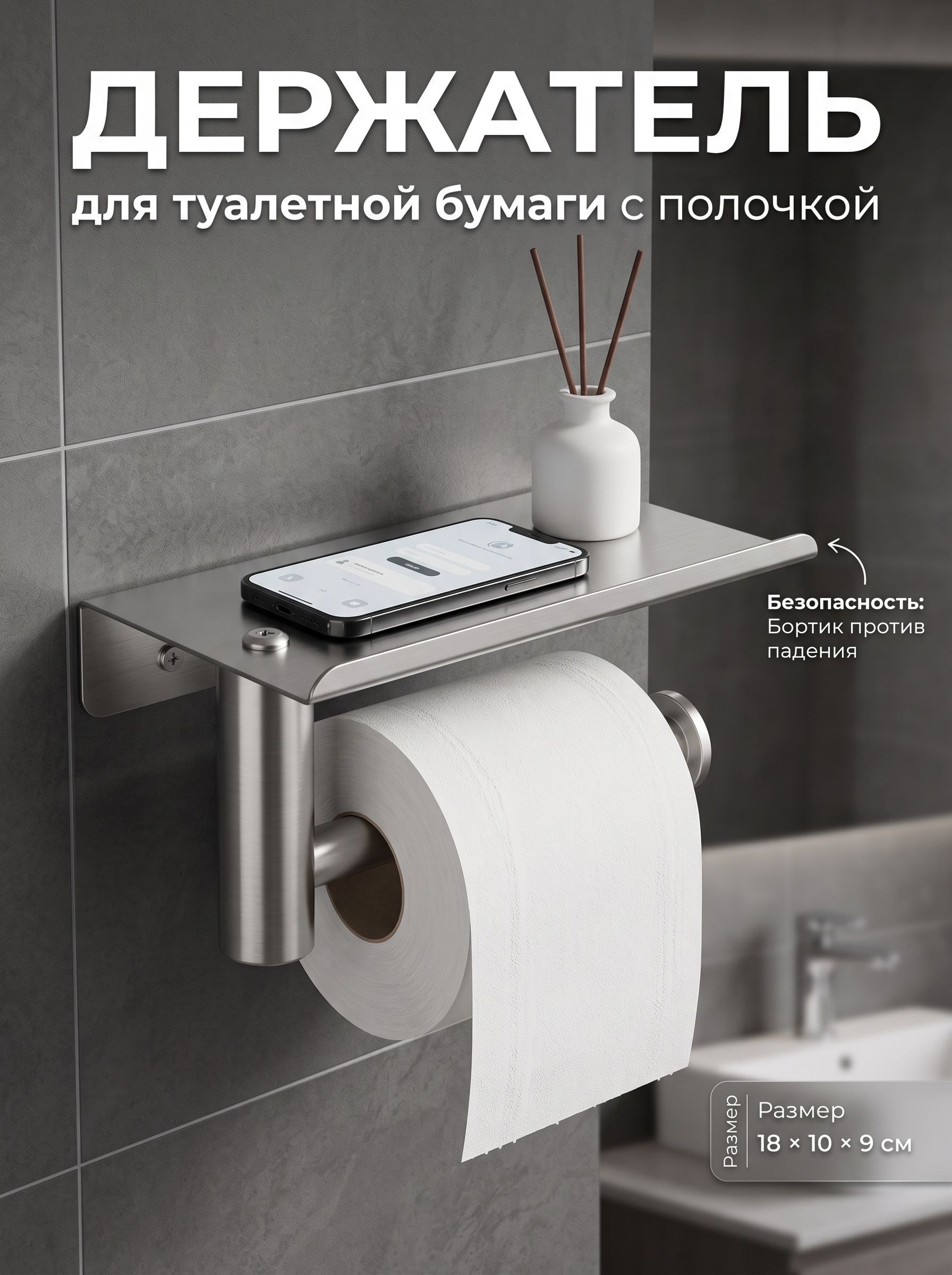 Держатель для туалетной бумаги с полочкой, 18х10х9 см, металлический, На фото — предложение продавца