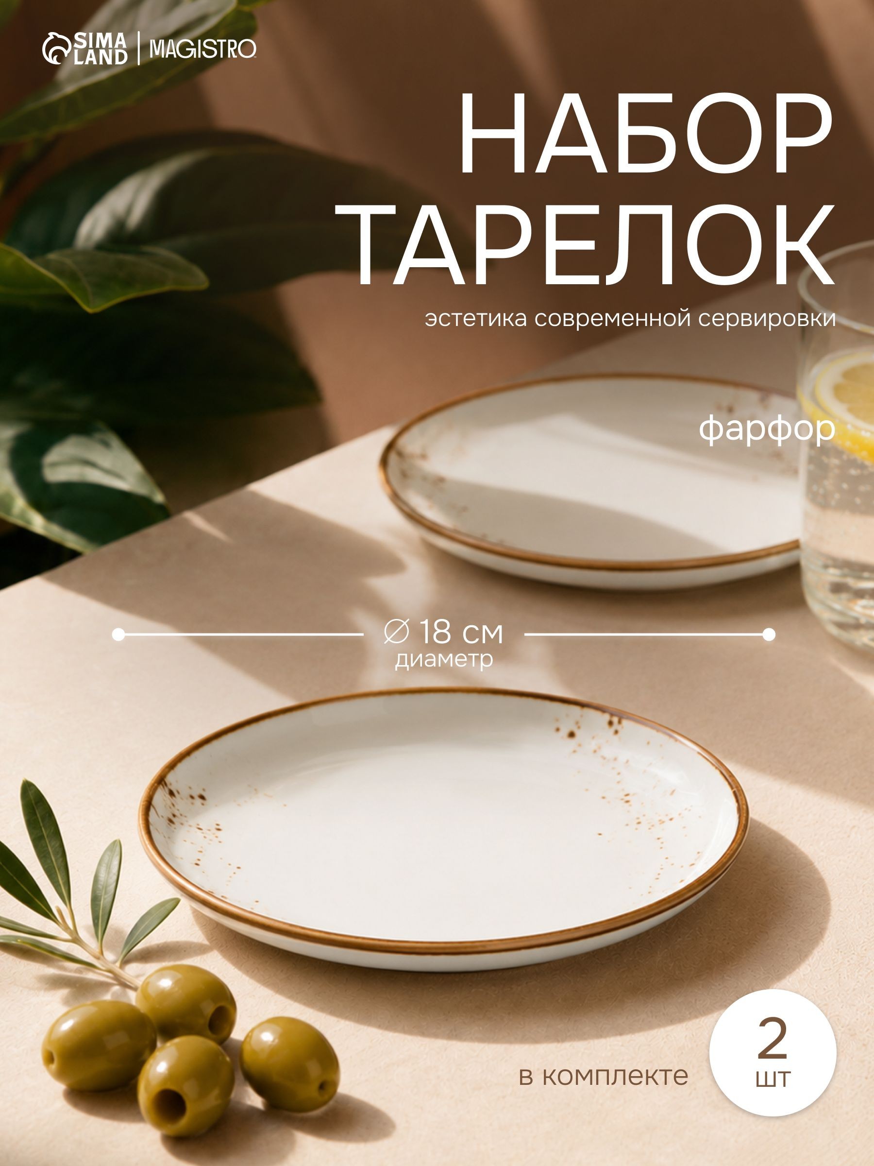 Тарелки плоские с бортиком, диаметр 18 см, набор 2 шт, десертные, "Церера", фарфоровые, белые, На фото — предложение продавца