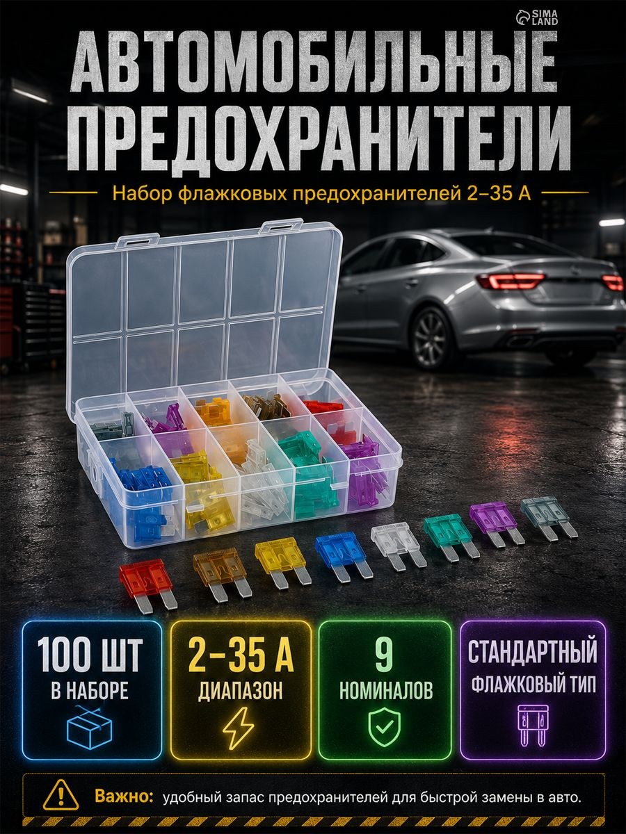 Набор Предохранителей для автомобиля / Автомобильные предохранители стандарт 100 шт, флажковые предохранители 2А-35А, На фото — предложение продавца