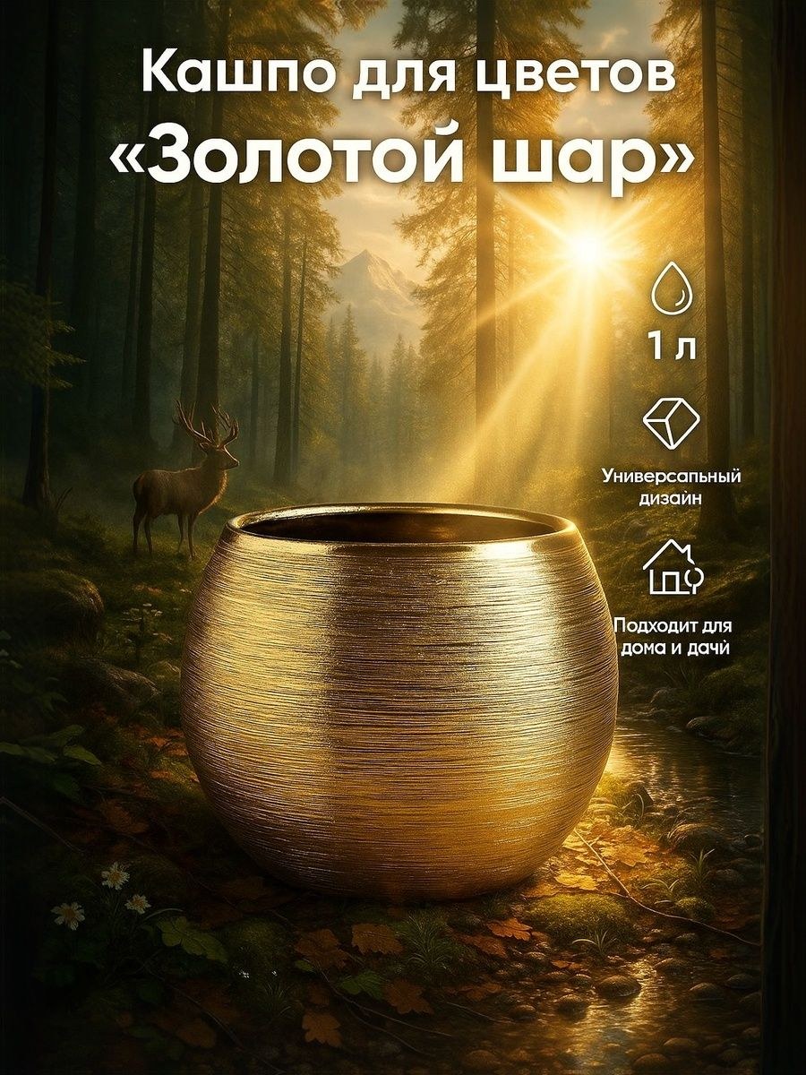 Кашпо для цветов Золотой шар 1 л керамическое, золотистое, 13 13 11 см, декоративное, На фото — предложение продавца