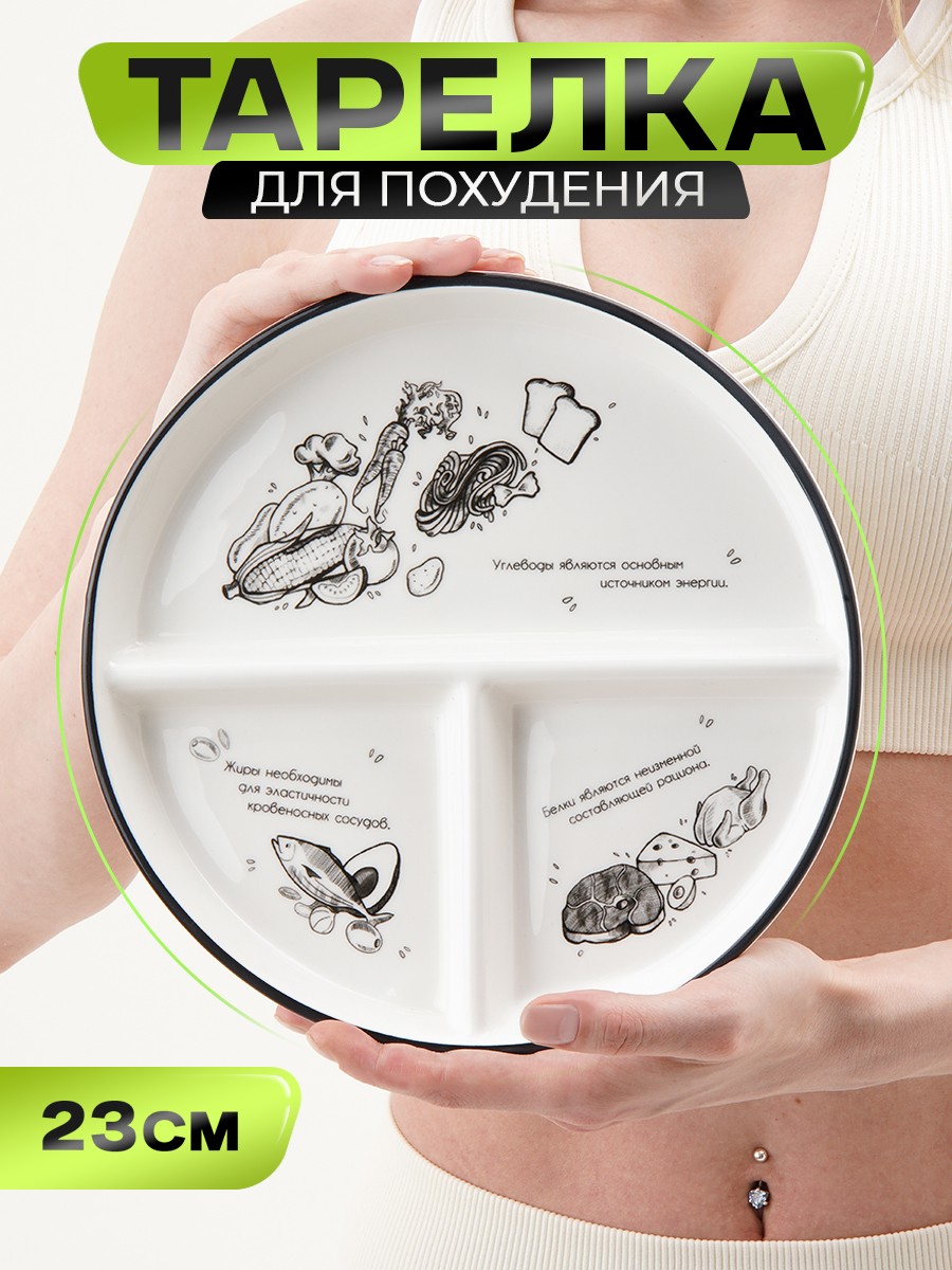 Тарелка для похудения Доляна "Гарвардская №1", менажница 3 ячейки, диаметр 23 см, фарфоровая, На фото — предложение продавца