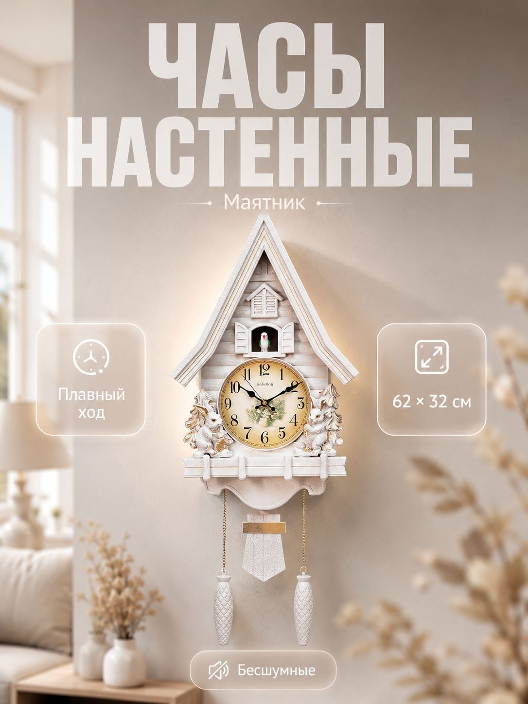 Часы настенные с кукушкой, серия: Маятник "Зайчики" плавный ход, 62 х 32 см, На фото — предложение продавца