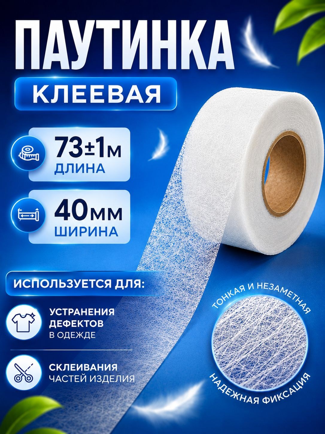 Паутинка клеевая для ткани, термоклеевая лента для подшивки 40 мм, 73 м, белая, На фото — предложение продавца