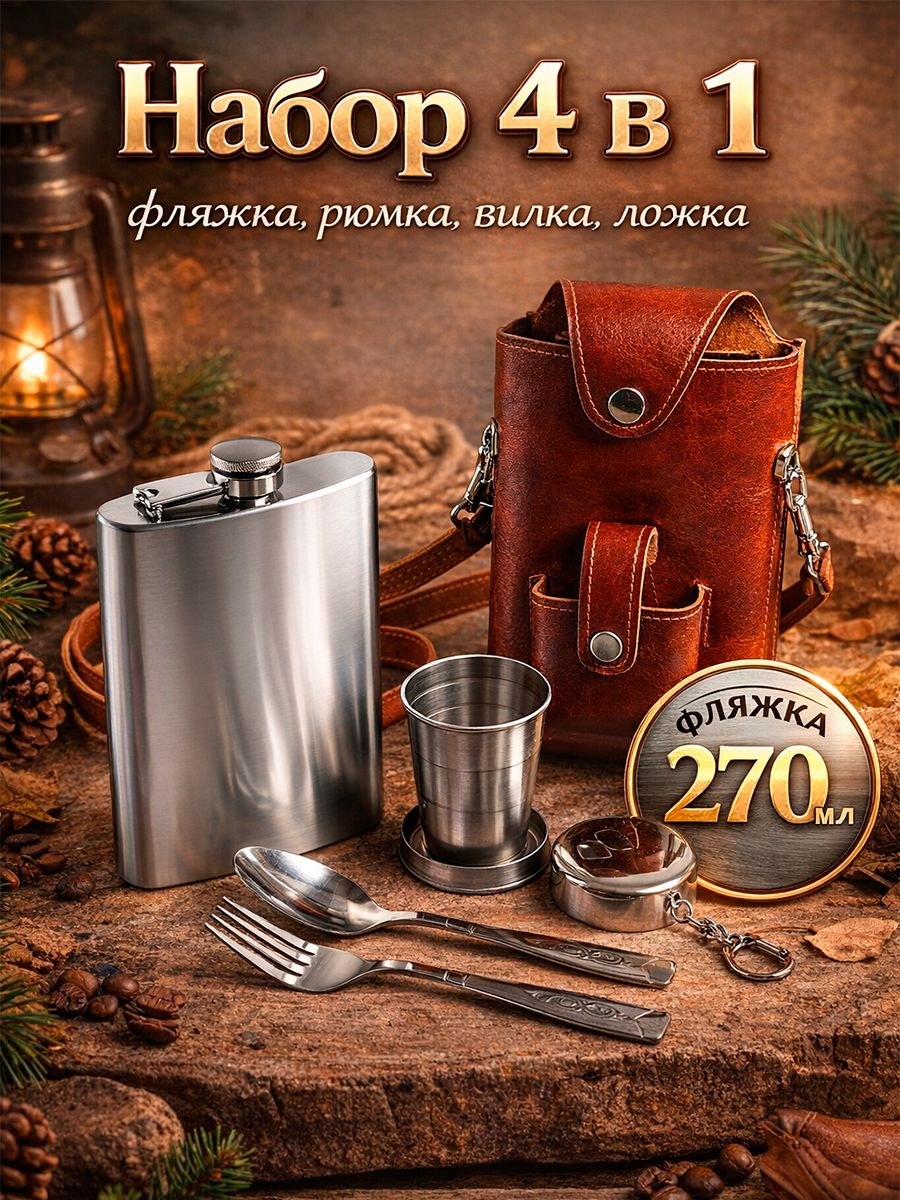 Подарочный набор 4 в 1, фляжка 270 мл, ложка, вилка, стопка, На фото — предложение продавца