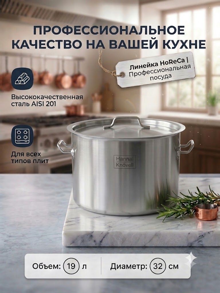 Кастрюля с крышкой, объем 19 л, нержавеющая сталь