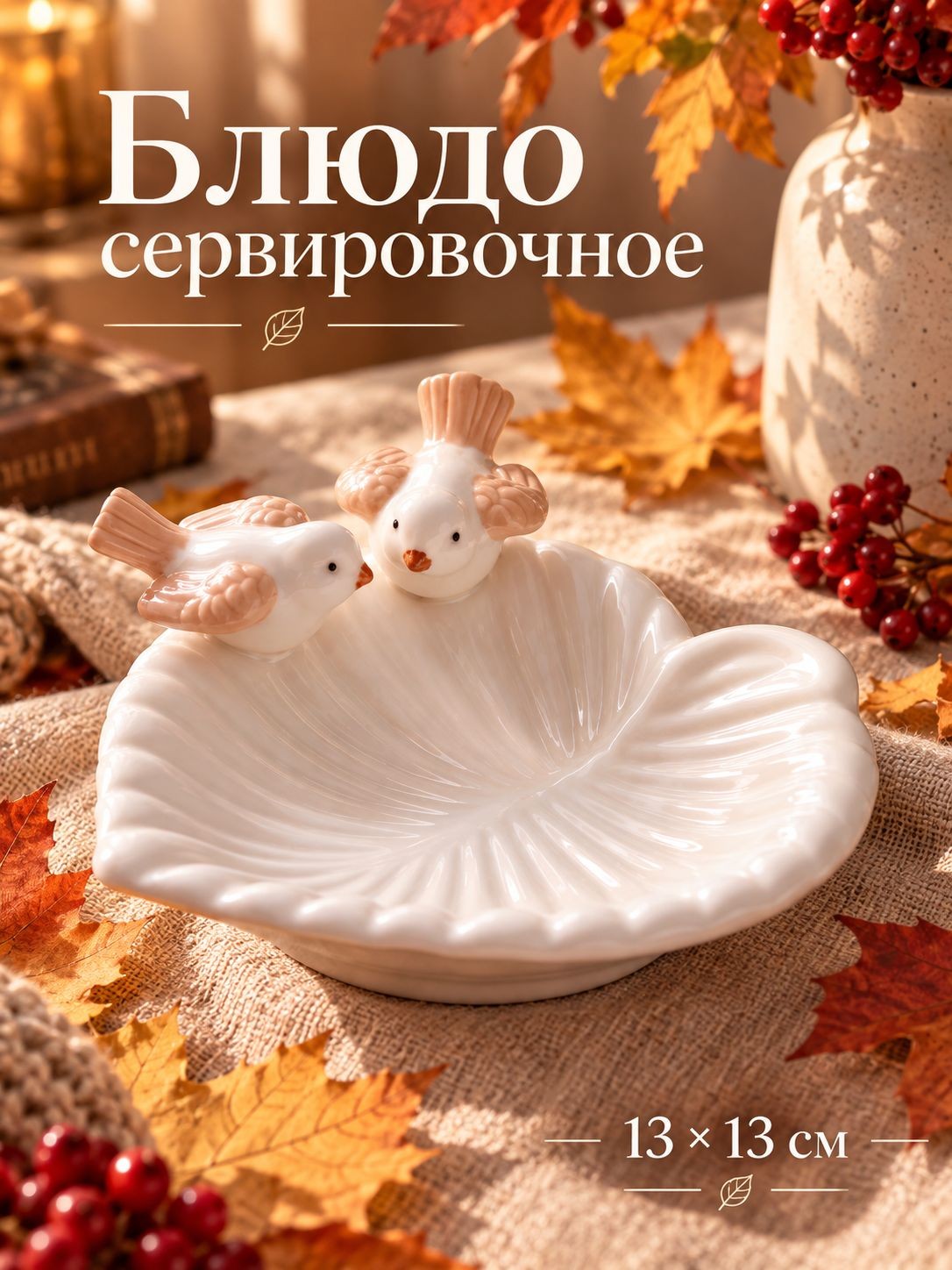 Блюдо сервировочное, 13х13 см, "Голубки на листочке", керамическое, цвет белый, На фото — предложение продавца