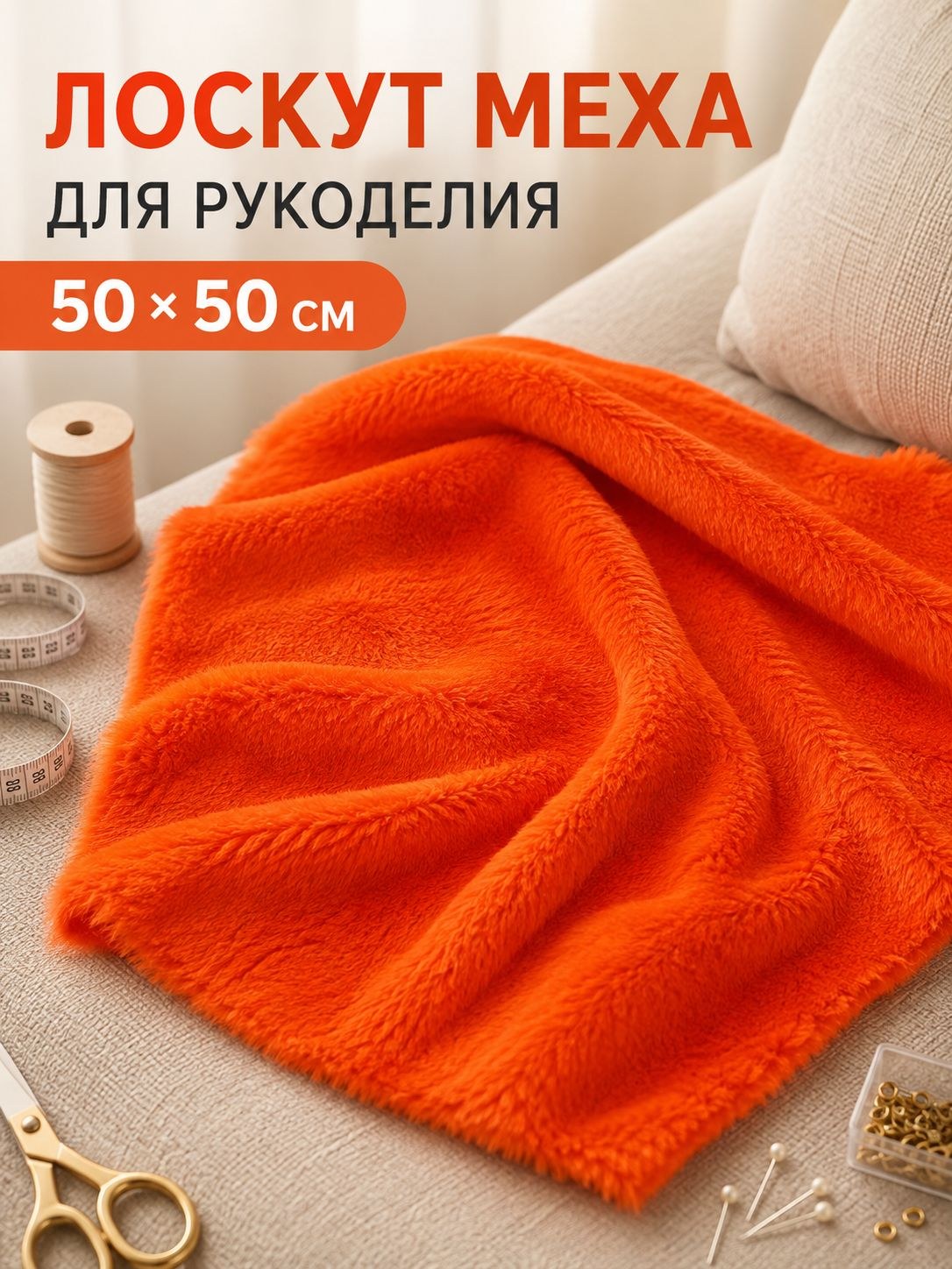 Ткань для рукоделия оранжевая / мех / лоскут 50х50 см