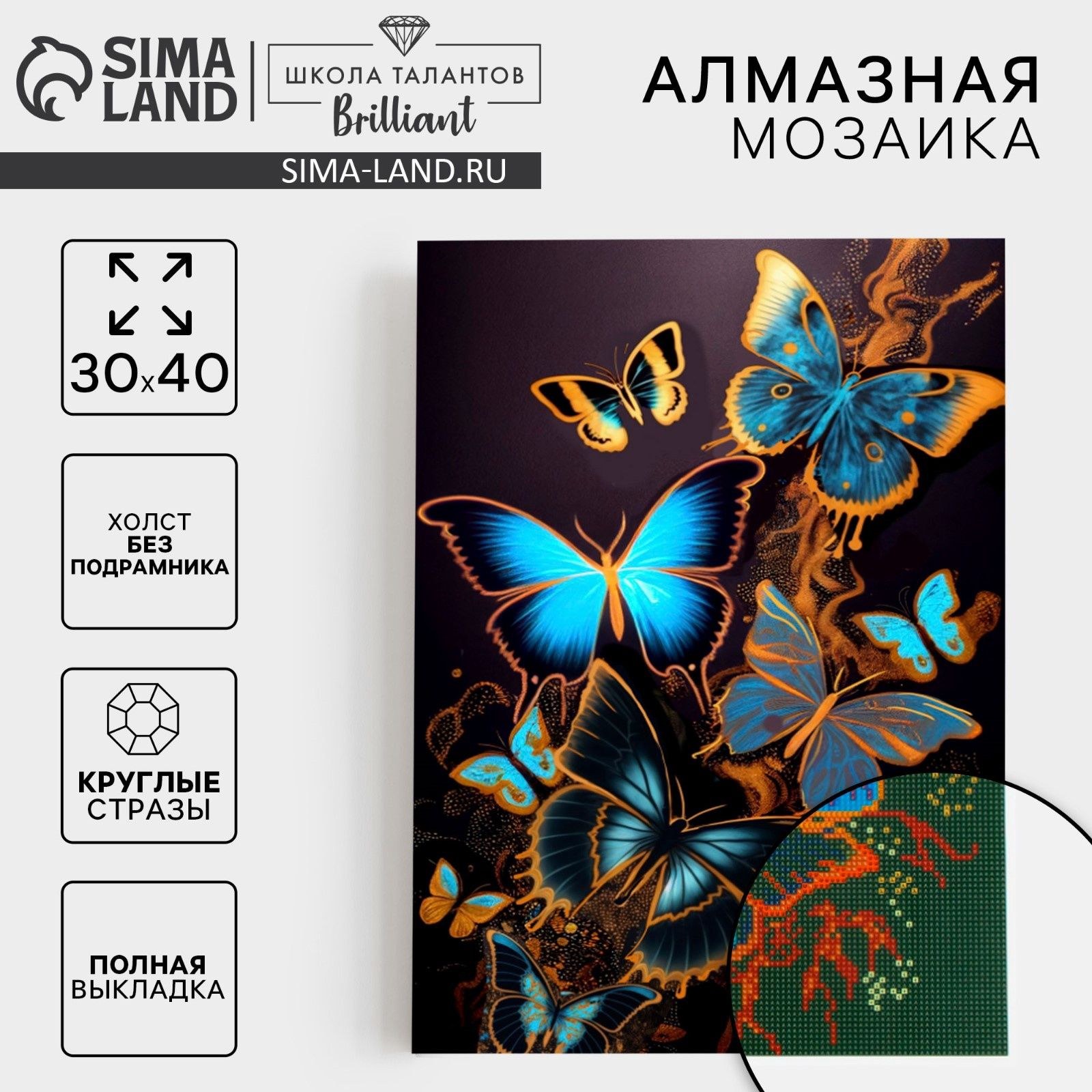 Алмазная вышивка с полным заполнением на холсте Школа талантов "Бабочки", 30 х 40 см, На фото — предложение продавца