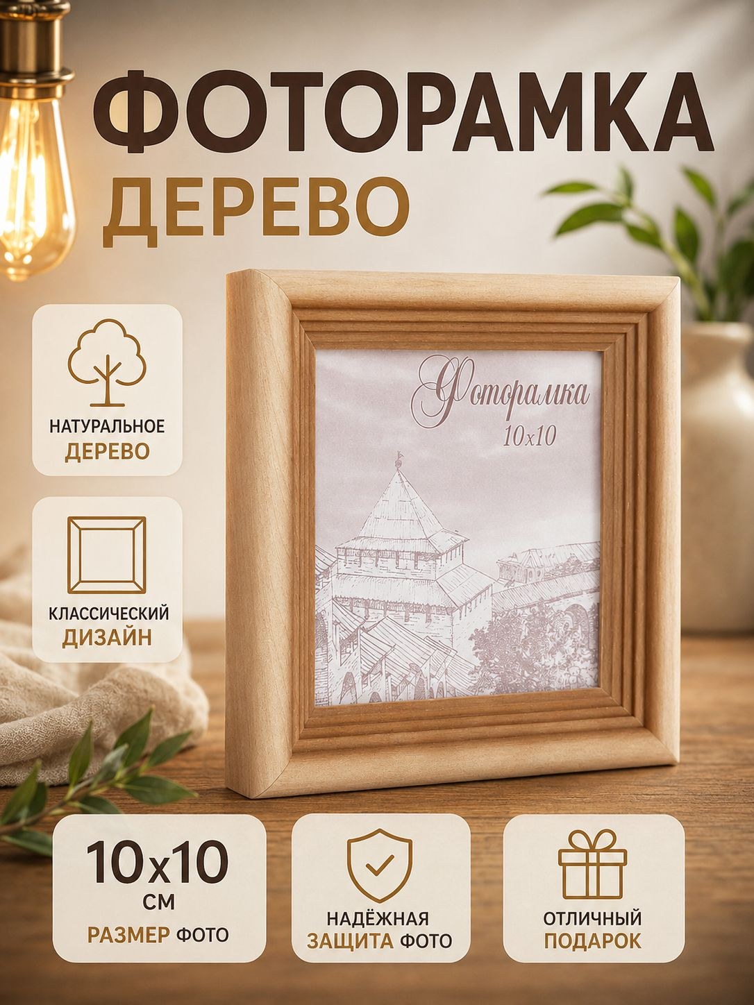 Рамка для фото 10x10 см деревянная, коричневая, фоторамка, На фото — предложение продавца