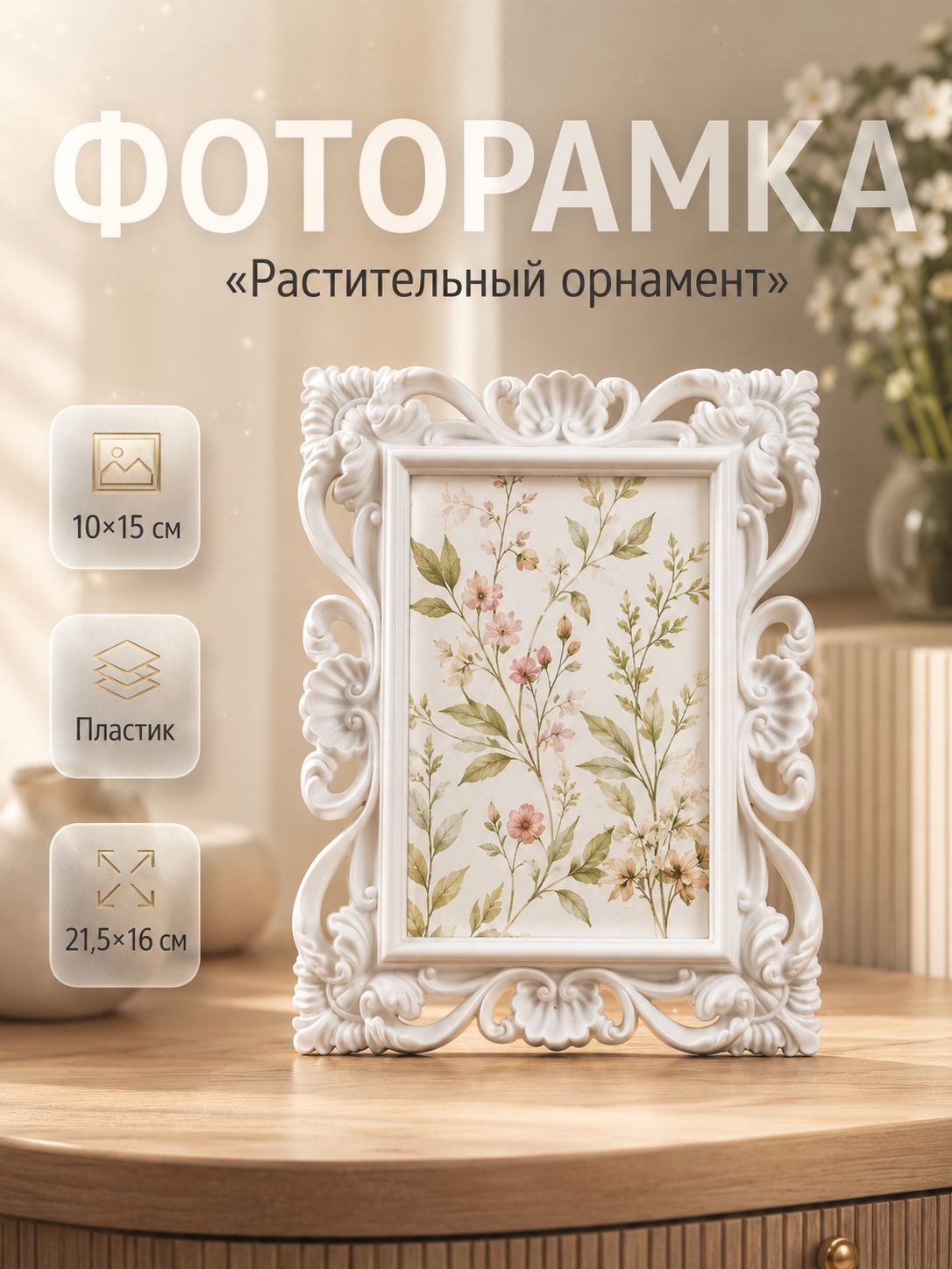 Фоторамка пластик, 10х15 см, "Растительный орнамент" белая / рамка для картин, постера, творчества / для интерьера, На фото — предложение продавца