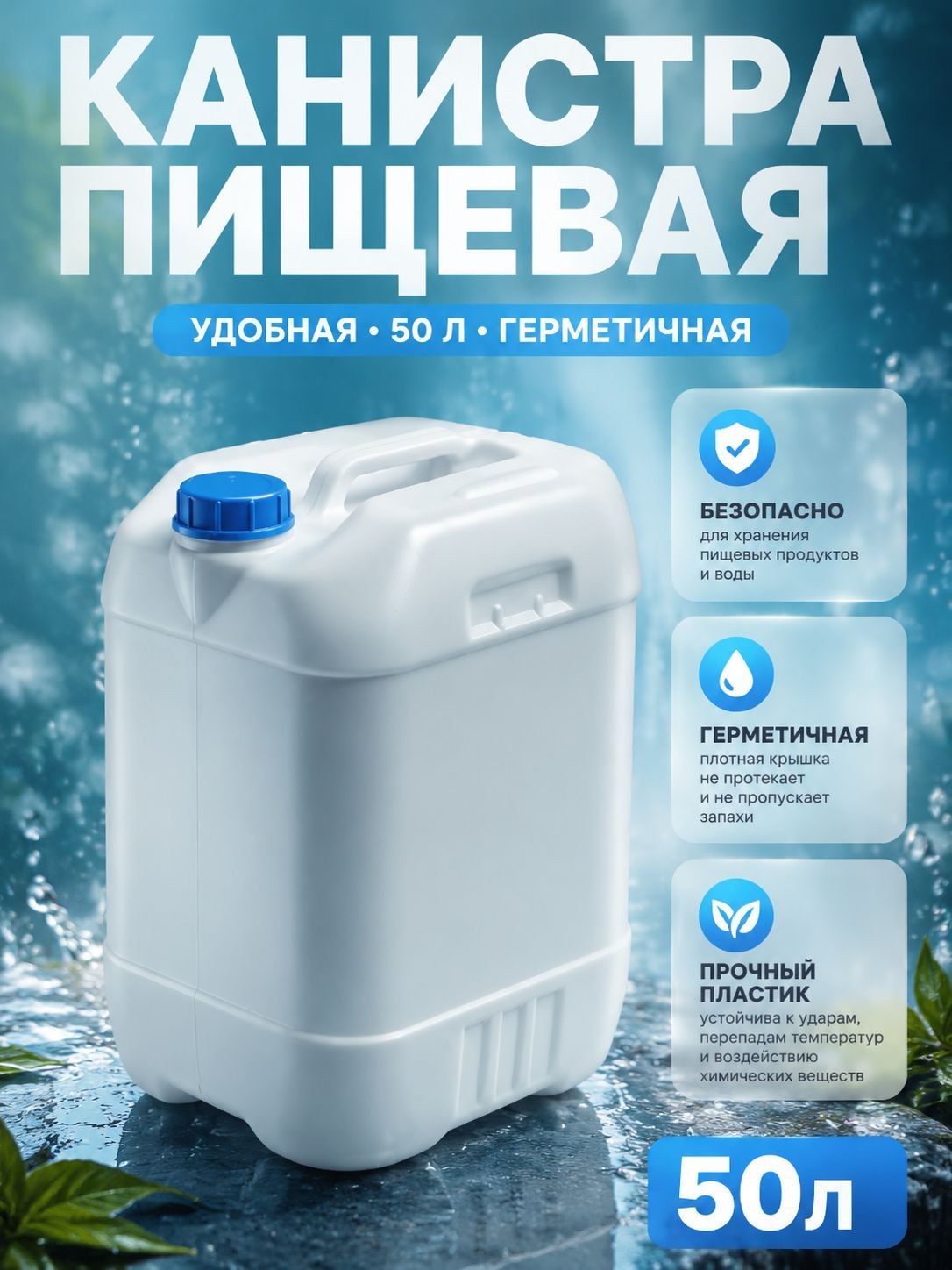 Канистра 50 л, пластиковая, пищевая белая / емкость для воды, На фото — предложение продавца