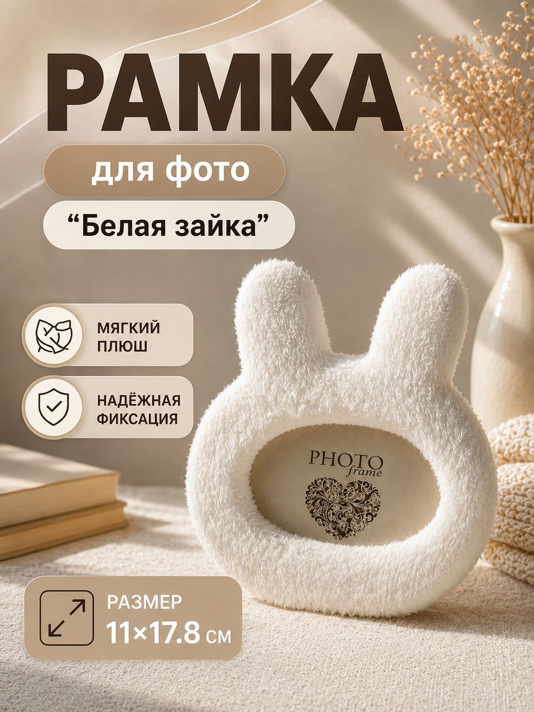 Фоторамка меховая Белая зайка, плюшевая рамка для фото, 11 x 17,8 см, На фото — предложение продавца